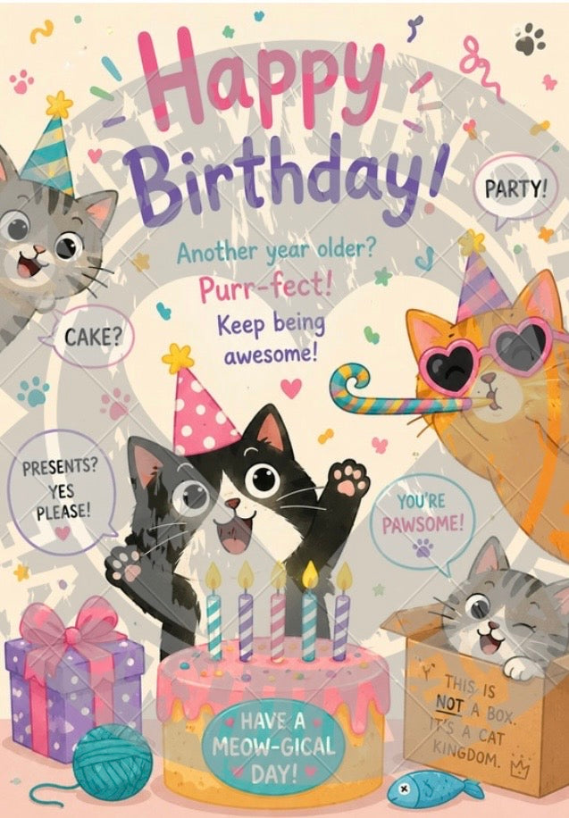 Digital Funny Cats Birthday Card